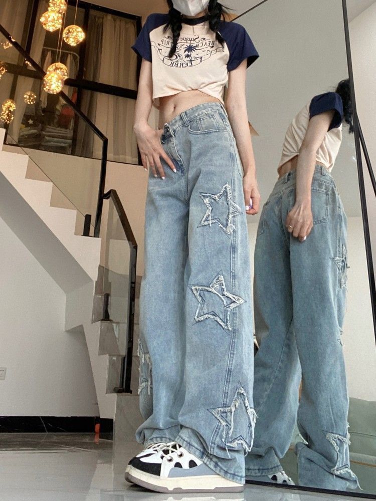 Women's Embroidered High Waist Wide Leg Jeans Five Pointed Star Appliqué Unique Straight Leg Floor Length Pants Spring Autumn Style Loose Fit_mkmklike.com