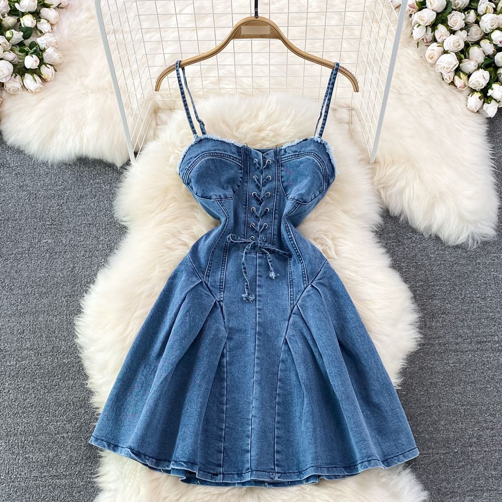 New Summer Strap Waist Slimming Backless Sleeveless Sexy Sweet And Spicy Denim Suspenders A Line Dress Skirt_mkmklike.com
