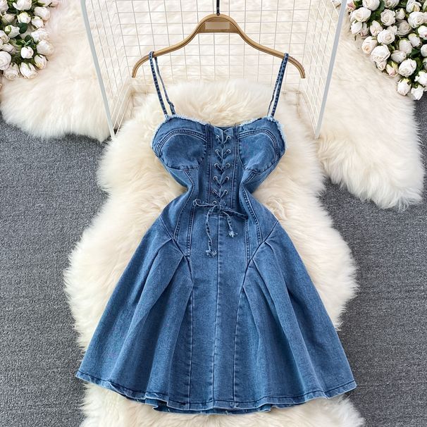 New Summer Strap Waist Slimming Backless Sleeveless Sexy Sweet And Spicy Denim Suspenders A Line Dress Skirt_mkmklike.com