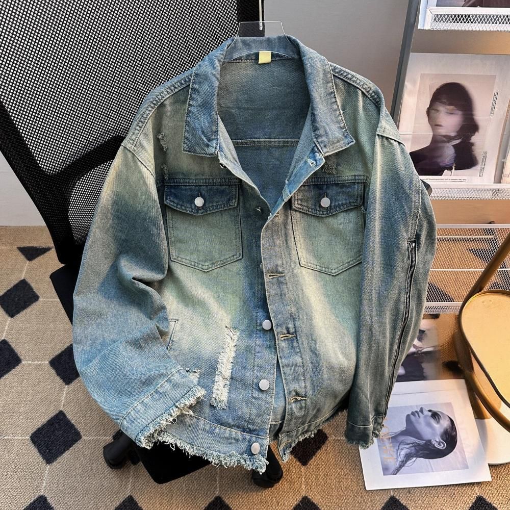 Men's Clothing Fashion Streetwear Patchwork Denim Jacket - Distressed Plaid & Asymmetrical Layering Coat For Men & Women (Blue/White)_mkmklike.com