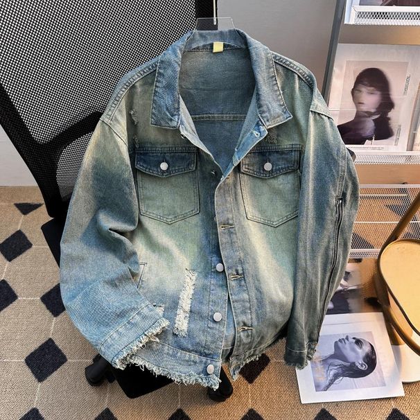 Men's Clothing Fashion Streetwear Patchwork Denim Jacket - Distressed Plaid & Asymmetrical Layering Coat For Men & Women (Blue/White)_mkmklike.com