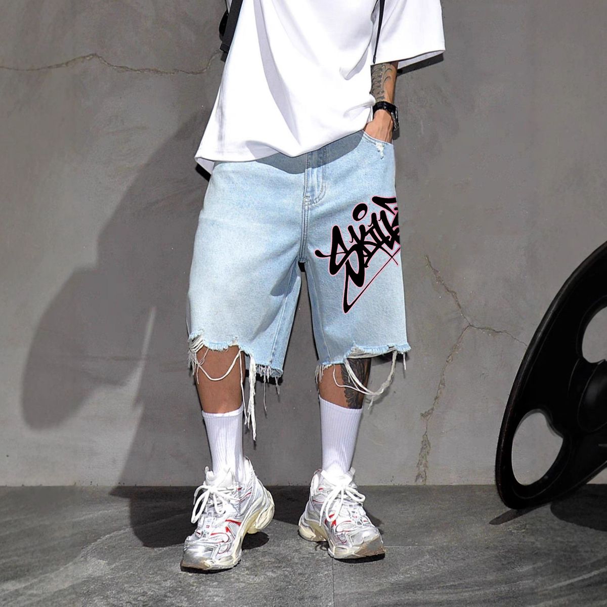 Men's Hip-Hop Graffiti Denim Shorts - Distressed Fringe 5-Inch Casual Streetwear Shorts AAA_mkmklike.com