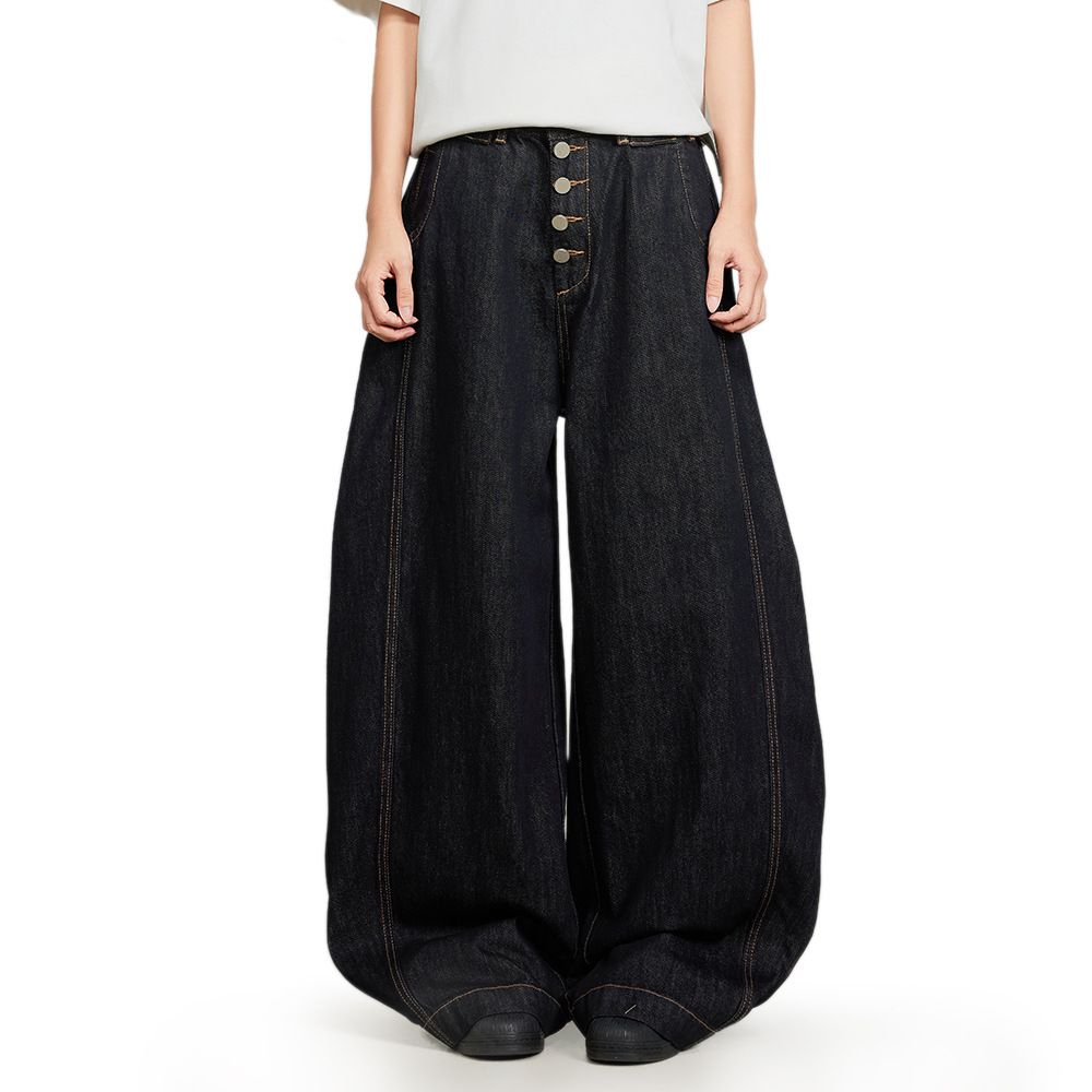 American High Street Scimitar Jeans Men's Button Front Loose Wide-Leg Vibe Trendy Brand Silhouette Scythe Pants_mkmklike.com