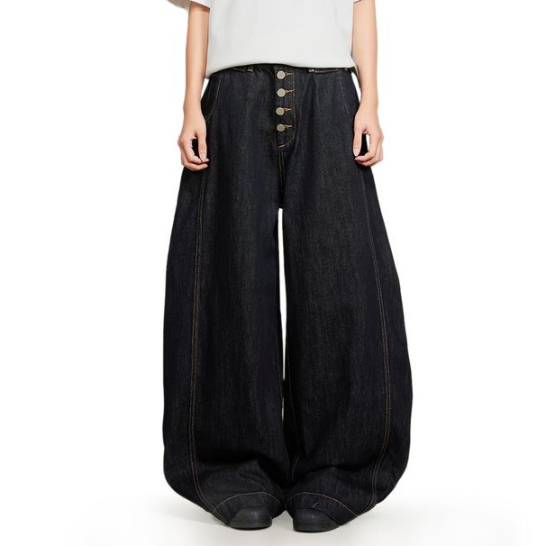 American High Street Scimitar Jeans Men's Button Front Loose Wide-Leg Vibe Trendy Brand Silhouette Scythe Pants_mkmklike.com