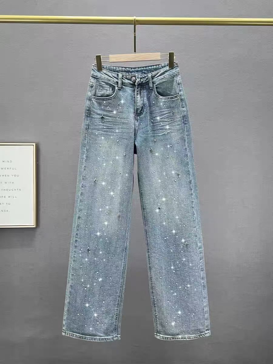 High-Waisted Wide-Leg Jeans For Women – Vintage Denim Pants With Rhinestone Details, Relaxed Fit & Long Hemline_mkmklike.com