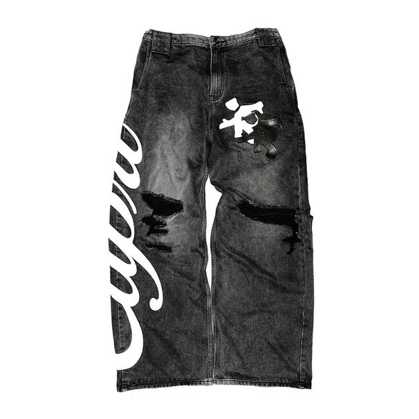 Distressed Washed Denim Jeans For Men & Women - Y2K Streetwear Low-Rise Straight Leg Pants With Patch & Letter Design_mkmklike.com