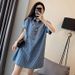 ELLE ELLE 2023 Plus Denim Blue For Women Summer New Extra Large Size Mid-Length Loose Short Sleeve T-Shirt Dress_mkmklike.com