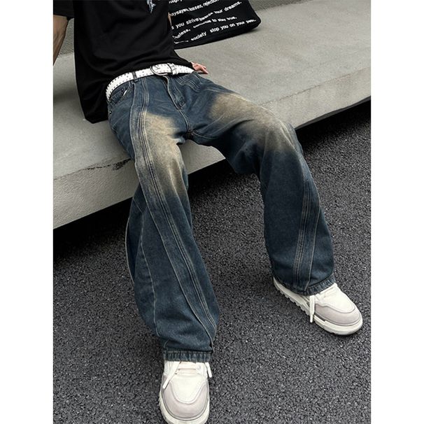 Nordmann American Retro Distressed Jeans For Men With Unique Design, Patchwork Trendy Loose Straight Wide-Leg Casual Pants_mkmklike.com