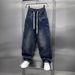 Men's Relaxed Fit Straight Leg Jeans - Vintage Washed Blue-Gray Denim Pants With Utility Stitching & Rope Tie Closure_mkmklike.com