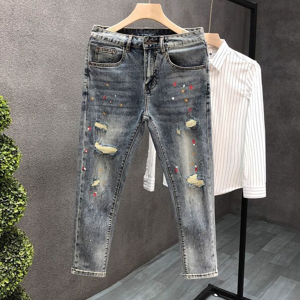 Men's Slim Fit Stretch Jeans - Vintage Ripped Denim Pants With Splatter Wash, Comfortable Skinny Tapered Leg For Casual Streetwear_mkmklike.com