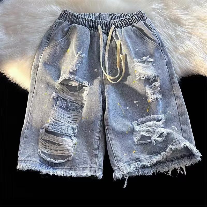 Men's Denim Shorts Ripped And Stylish Trendy Summer Inspired Splatter Paint Design_mkmklike.com