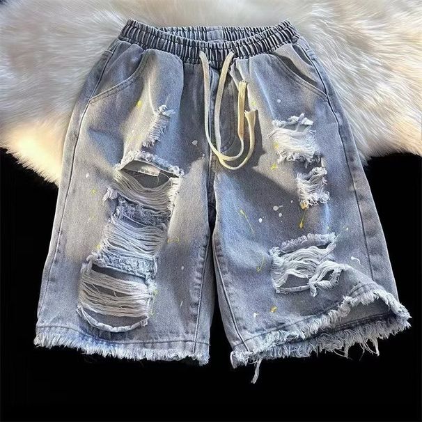 Men's Denim Shorts Ripped And Stylish Trendy Summer Inspired Splatter Paint Design_mkmklike.com