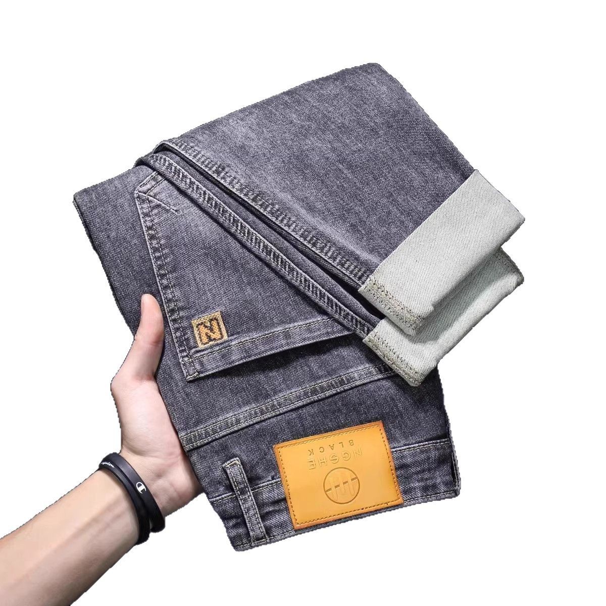 Men's Slim Fit Stretch Jeans High End Washed Blue Embroidered Trendy Casual Cropped Trousers Spring Style_mkmklike.com