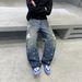 Men's Distressed Blue Washed Jeans - Relaxed Straight Leg Vintage Denim Pants With Hand-Painted Details & Hanging Beads (S-3XL, Classic Blue)_mkmklike.com