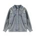 Women's Blue Denim Jacket - Vintage Workwear Style With Princess Touch, Casual Long Sleeve U-Neck Coat For Spring & Autumn_mkmklike.com