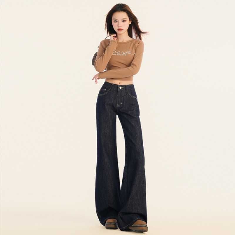 Vintage Dark Blue Flared Jeans For Women, Spring Collection, Loose Fit, Non-clingy, Floor-length Bell-bottom Pants,_mkmklike.com