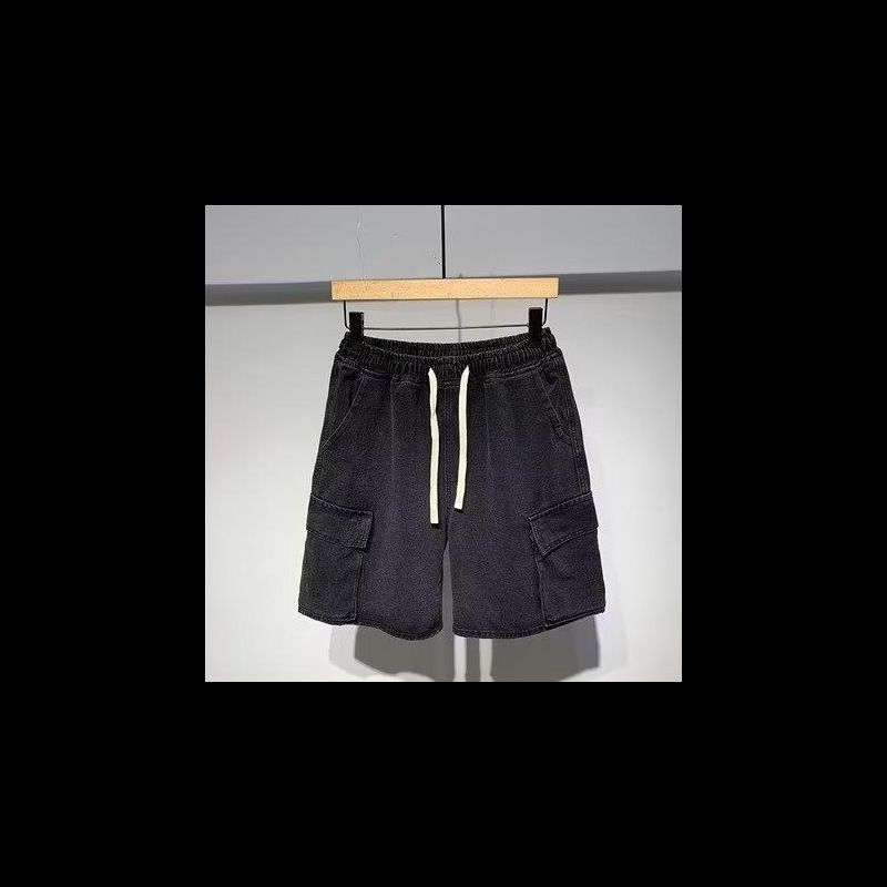 Men's Japanese Workwear Style Denim Shorts Relaxed Fit 5 Inch Inseam Utility Cargo Elastic Waist_mkmklike.com