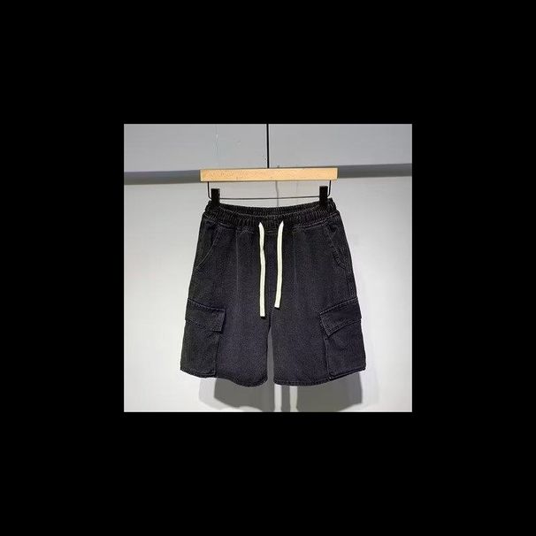 Men's Japanese Workwear Style Denim Shorts Relaxed Fit 5 Inch Inseam Utility Cargo Elastic Waist_mkmklike.com