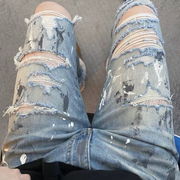 Men's Clothing Hand Painted Ink Splashed Jeans Washed And Distressed Ripped Trousers High Street Slim High Elastic Blue Diamond Bottom Plate Men_mkmklike.com