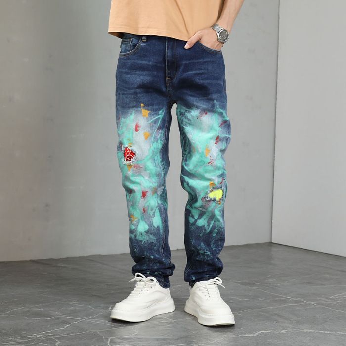 Men's Relaxed Straight Fit Jeans With Oil Painting Washed Design – Distressed Denim Pants For Casual Streetwear_mkmklike.com