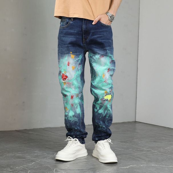 Men's Relaxed Straight Fit Jeans With Oil Painting Washed Design – Distressed Denim Pants For Casual Streetwear_mkmklike.com