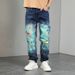 Men's Relaxed Straight Fit Jeans With Oil Painting Washed Design – Distressed Denim Pants For Casual Streetwear_mkmklike.com