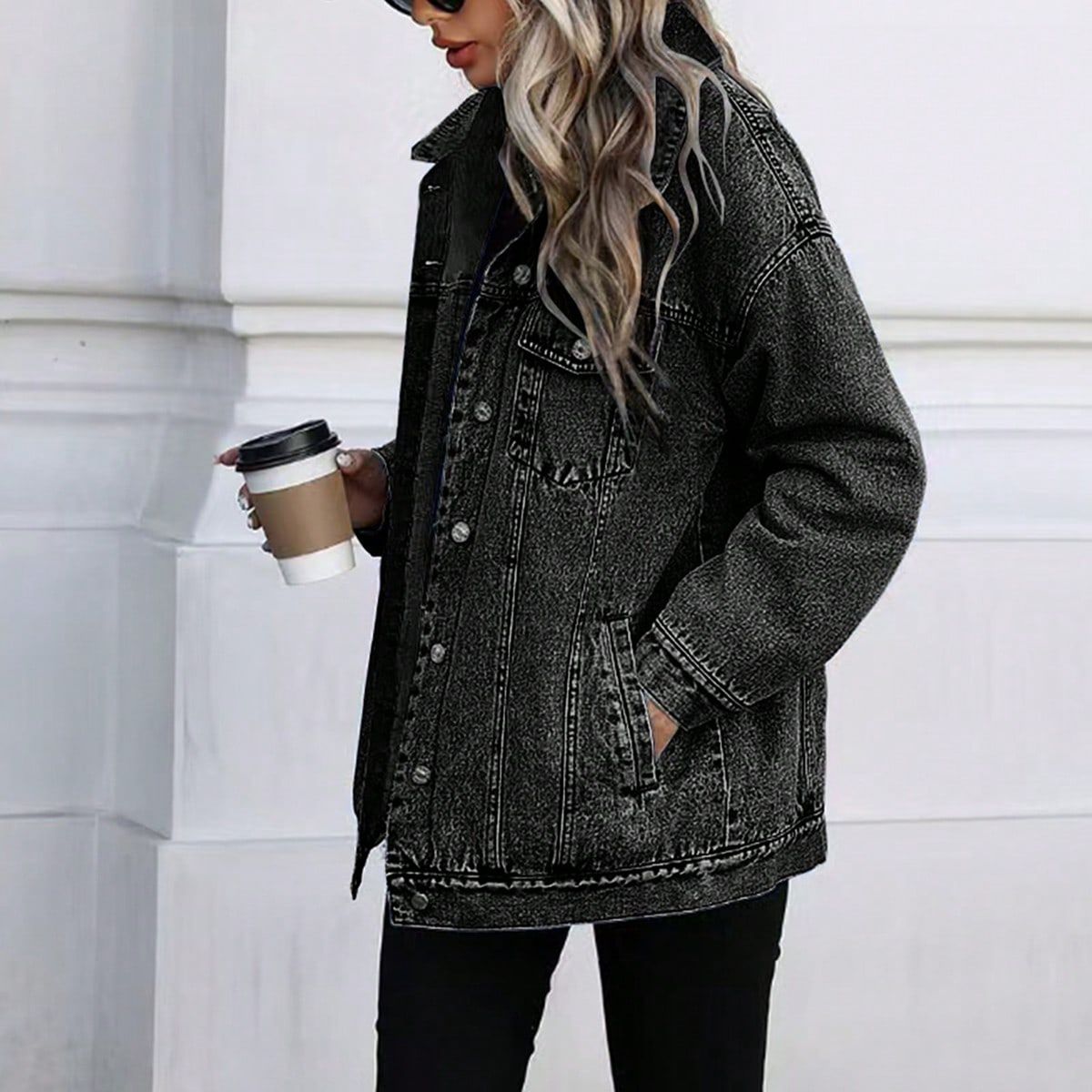 Vintage Denim Jacket For Women – Retro Cowboy Style, Comfortable Cotton Blend, Loose Fit, Long Sleeve, Polo Collar (XS-XXL, Grey)_mkmklike.com