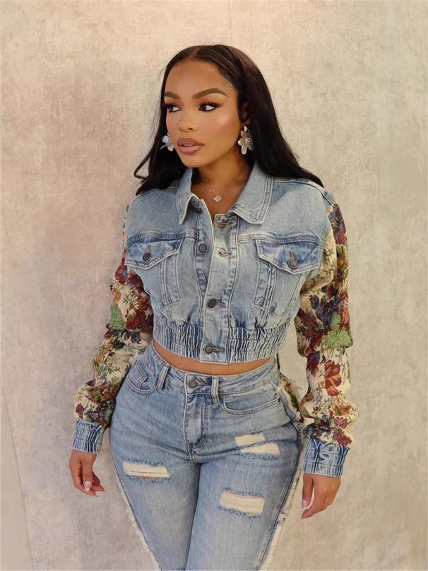Trendy Patchwork Denim Jacket – Colorblock & Floral Print, Oversized Fit, Unisex Streetwear Style_mkmklike.com