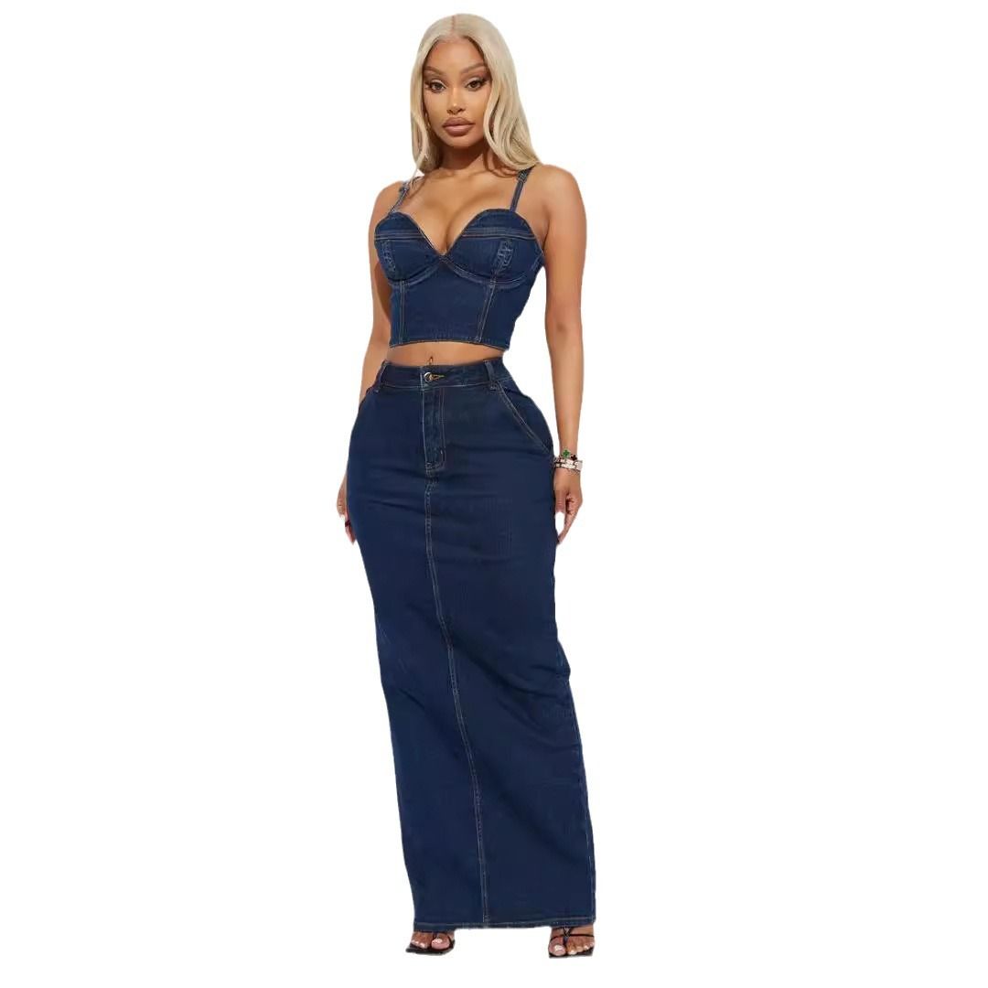 Women's Clothing Denim Dark Sexy Suspender Long Skirt Dress Denim Suit_mkmklike.com