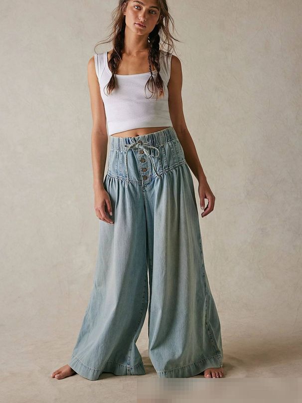 Women's Pleated Mid-Rise Wide-Leg Jeans – Tied Waist Relaxed Fit, Casual Streetwear, Cotton-Polyester Blend, S/M/L/XL/2XL/3XL_mkmklike.com