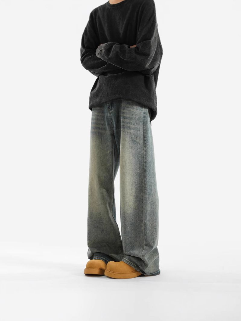 Vintage Washed Distressed Denim Jeans For Men - Relaxed Fit Straight Leg Trousers With Retro Style_mkmklike.com