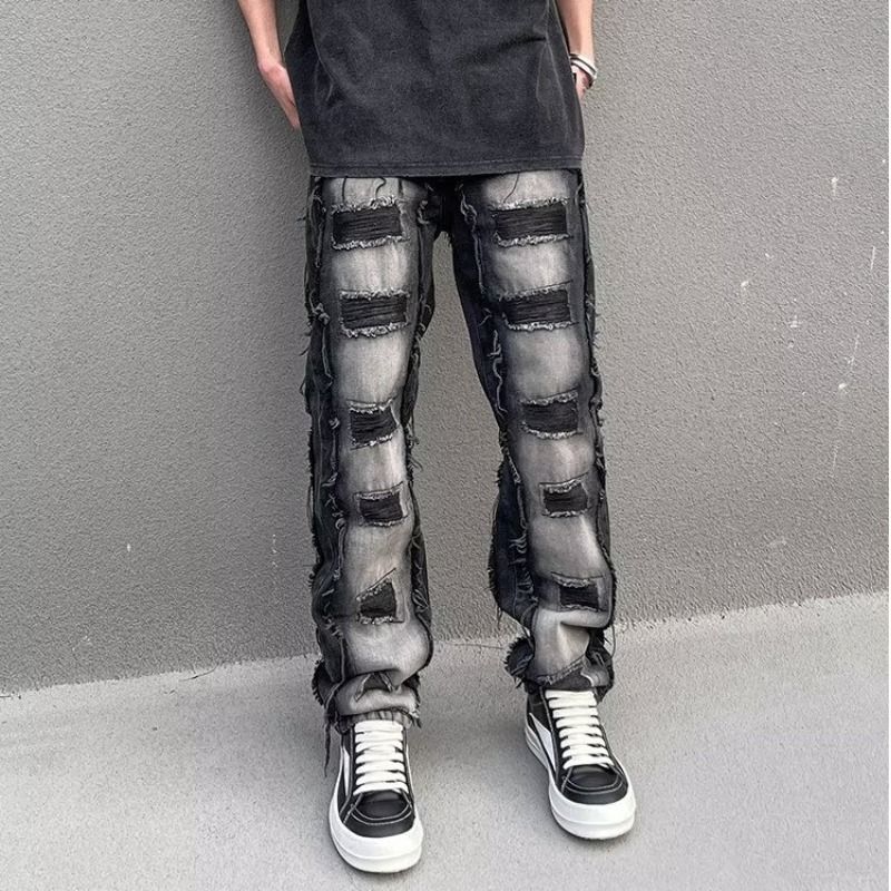 "Streetwear Distressed Patchwork Denim Jeans For Men – Oversized Straight Cut With Vintage Wash, Ripped Details & Faded Gradient_mkmklike.com