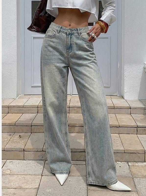 Women's High-Waisted Wide-Leg Jeans – Vintage Washed Flowy Denim Pants For Effortless Boho Chic_mkmklike.com