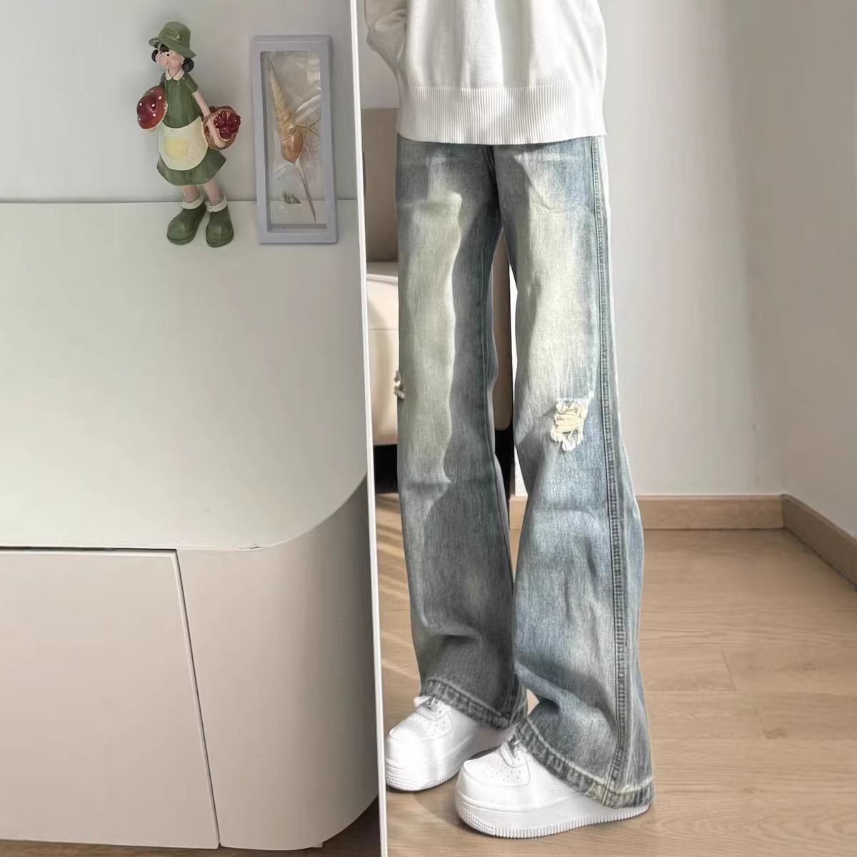 Men's Clothing Men's Style Casual Ripped Jeans Straight Leg Slim Fit Washed Distressed Yellow Mud Dye Fashionable Piled Up Long Pants_mkmklike.com