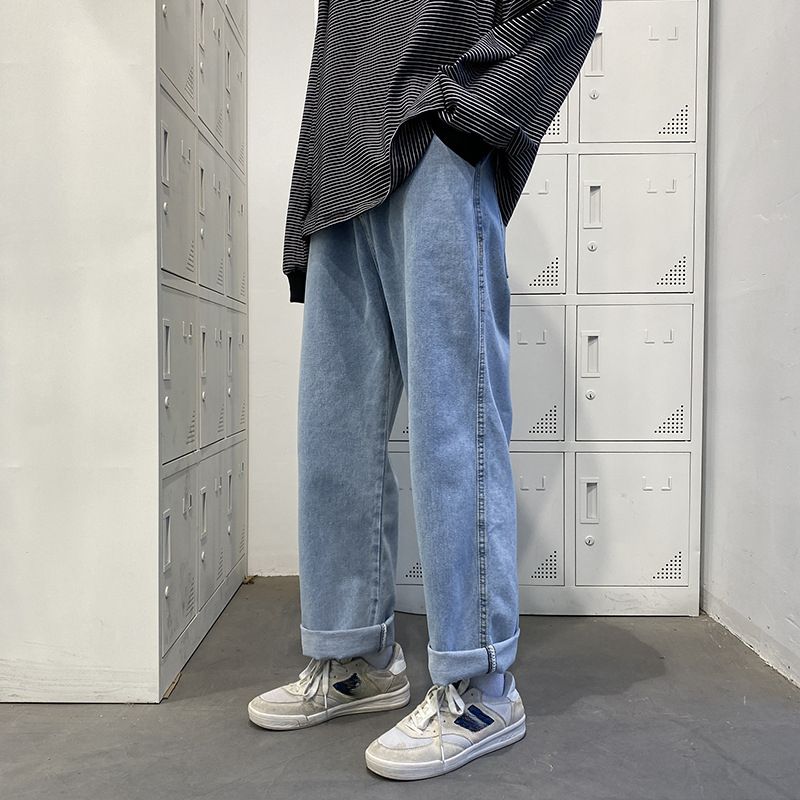 2025 Men's Korean Style Loose Straight Jeans | All-Season Vintage Washed Denim Pants | Comfort Fit Elastic Waist Streetwear Trousers_mkmklike.com