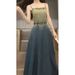 ELLE French Retro Design Gradient Denim Strap For Women Summer New Elegant Slim Waist Long Dress_mkmklike.com