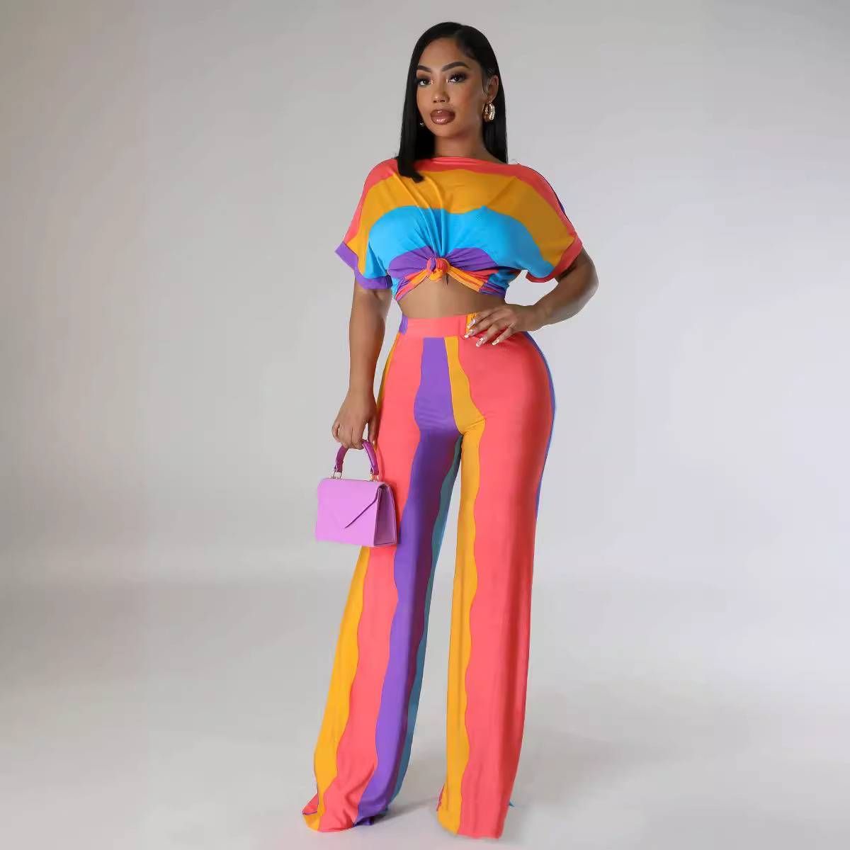 Women's Clothing Loose casual temperament commuting tall and slim long short-sleeved printed two-piece suit_mkmklike.com