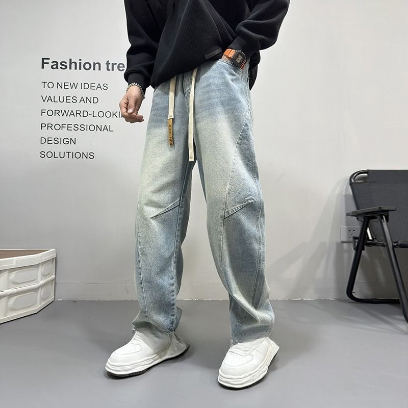 Vintage Washed Light Blue Jeans – Men’s Distressed Patchwork Straight-Leg Denim Pants (S-3XL, Summer Streetwear)_mkmklike.com