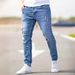 European And American Men's Slim-fit Stretch Holey Jeans, Tight Jeans, Men's Jean_mkmklike.com