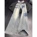 Unisex High Street Flare Jeans With Angled Lightning Design, Slim Fit Vintage Washed Denim Pants For Leg Lengthening Effect_mkmklike.com