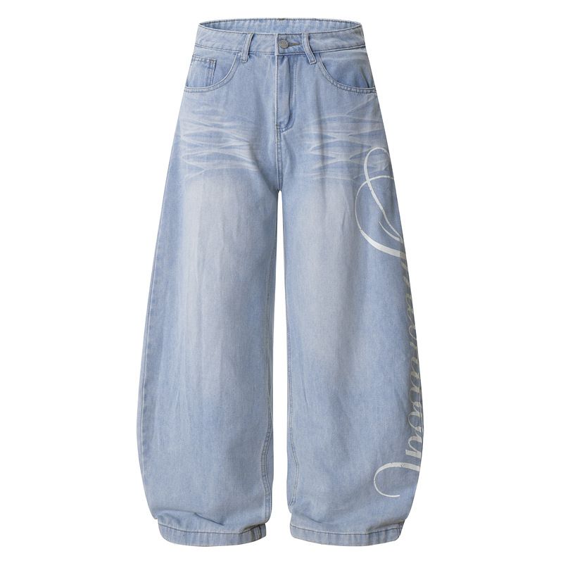 "90s High-Waisted Jeans – Distressed Vintage Washed Denim Pants With Side Print (Unisex Retro Straight-Leg Streetwear Trousers)"_mkmklike.com