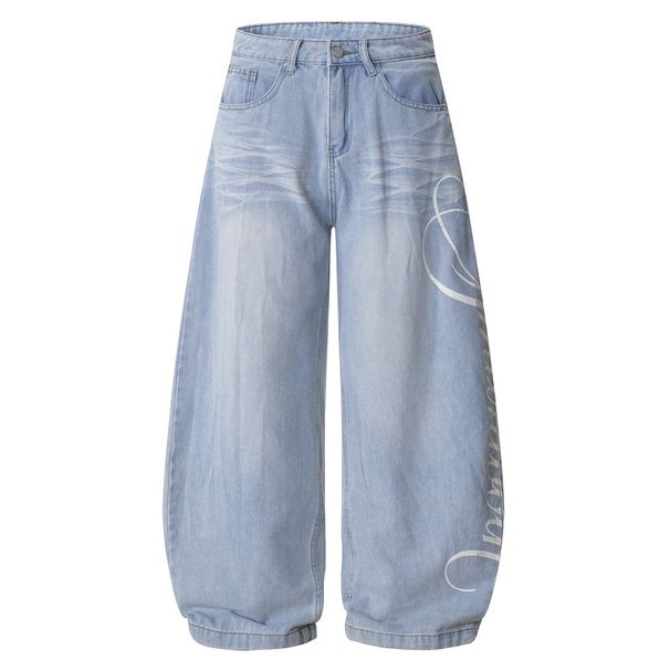 "90s High-Waisted Jeans – Distressed Vintage Washed Denim Pants With Side Print (Unisex Retro Straight-Leg Streetwear Trousers)"_mkmklike.com