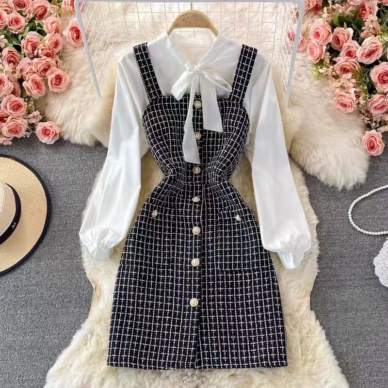 Women's temperament bow tie shirt two-piece suit tweed plaid suspender dress_mkmklike.com