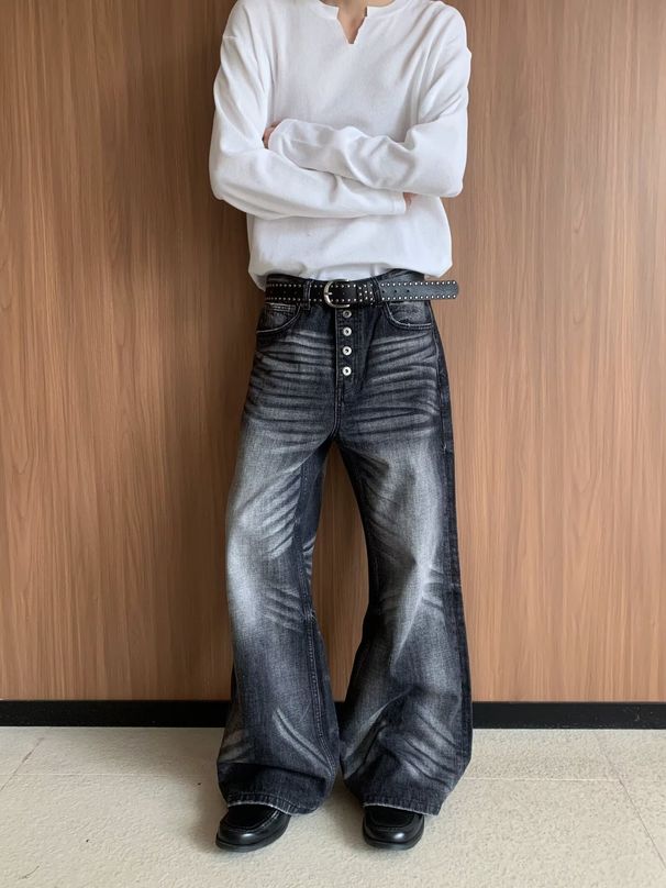 Men's Slimming Straight Leg Jeans Retro Washed Distressed Wide Leg Drape Loose Fit Style_mkmklike.com