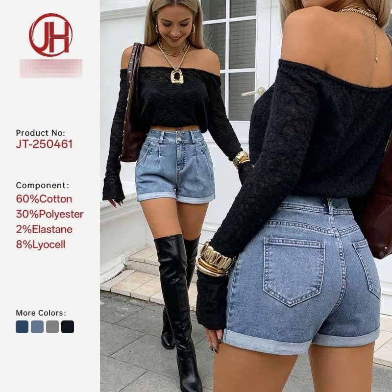Women's High-Waisted Distressed Denim Shorts – Retro Raw Hem & Rolled Cuff (S-Xl, Light Blue, 90% Cotton)_mkmklike.com