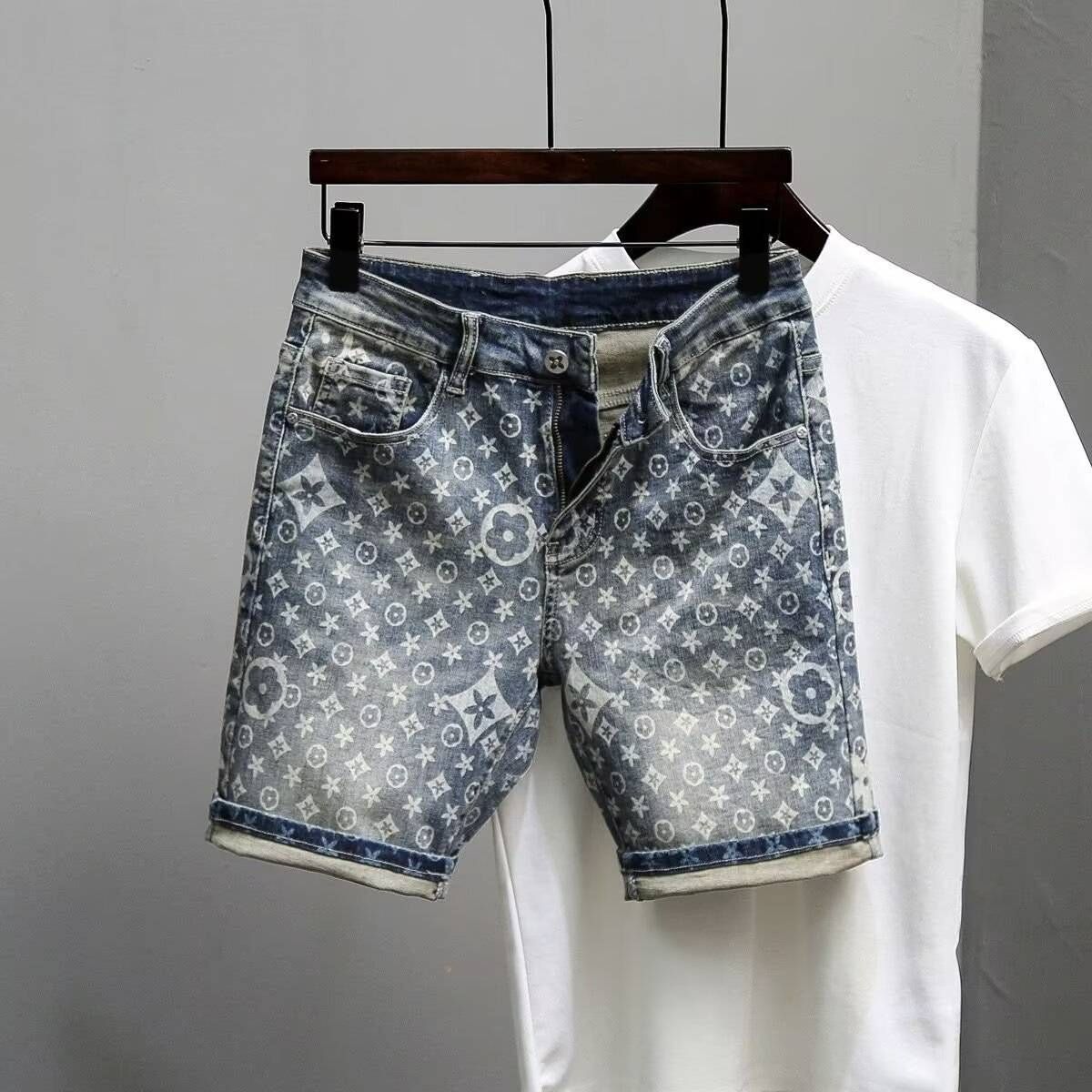 Men's Clothing Street Fashion Ripped Patch Denim Shorts Paint Graffiti Five Point Trendy Personality Youth Shorts_mkmklike.com