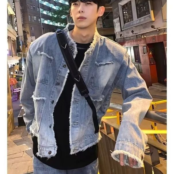 Spring Autumn New Korean Street Trendy Brand Stand Up Jacket, Washed And Used Cowboy Coat, Ins Men's_mkmklike.com