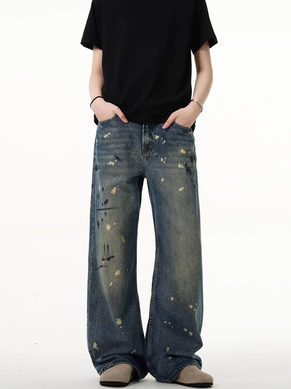 American High Street Tie-Dye Ink-Splattered Jeans For Men Women, Washed And Distressed, Loose Straight-Leg Casual_mkmklike.com