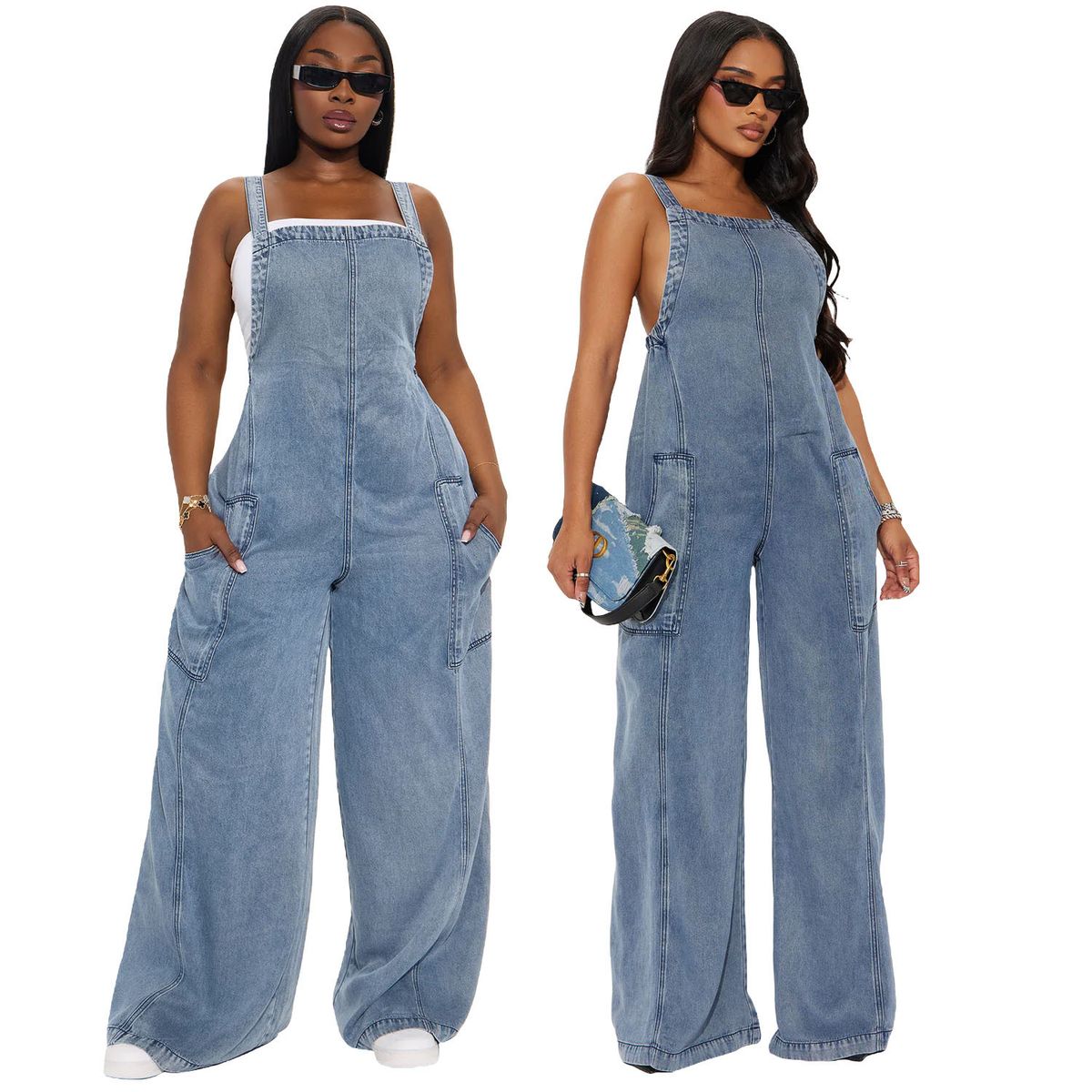 Women's Fashion Washed Denim Jumpsuit American Style Wide Leg Overalls Long Pants_mkmklike.com