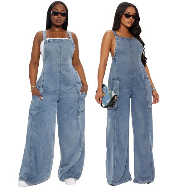 Women's Fashion Washed Denim Jumpsuit American Style Wide Leg Overalls Long Pants_mkmklike.com